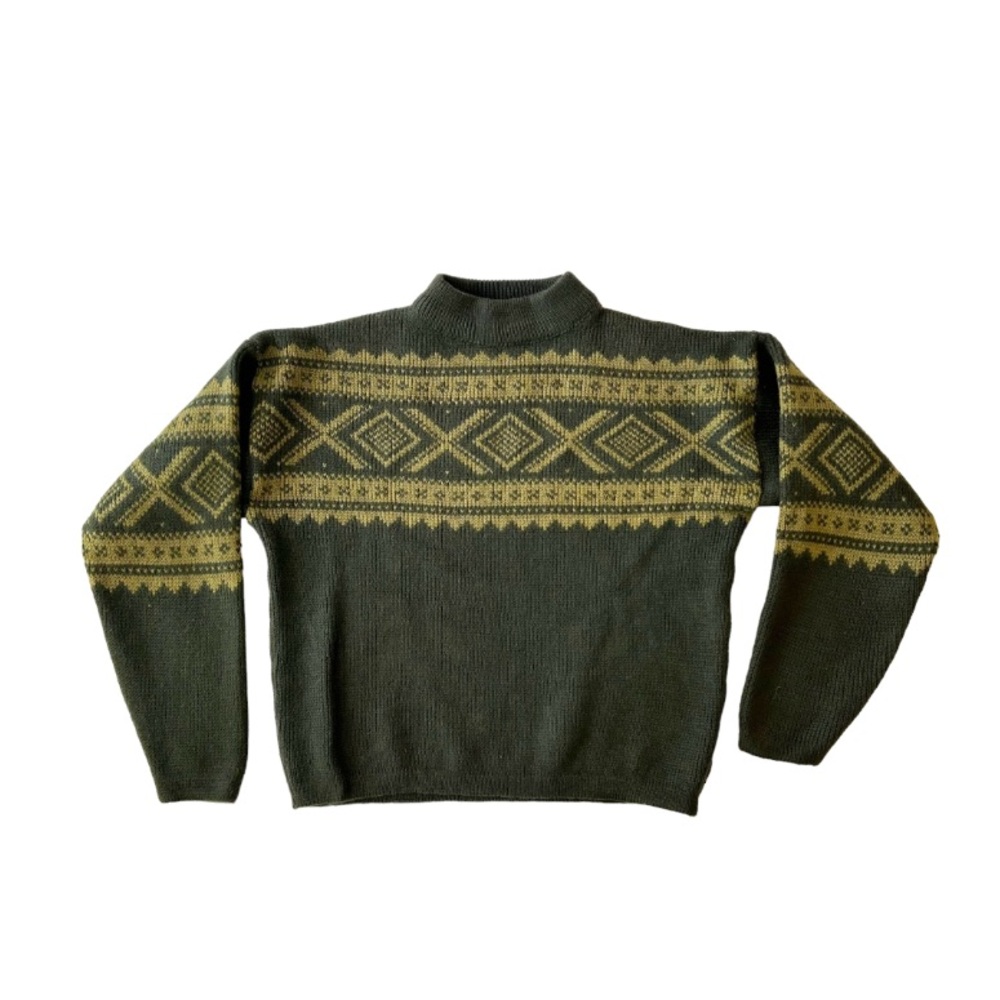 Vintage Nordic White Ram Knit Wool Sweater in Green